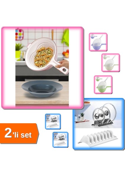 Beyaz 2 Adet 8 Bölmeli Tencere Kapak Rafı Simple Tabaklık + Çok Amaçlı Katlı Süzgeç - 2li Set D4Y9Q4