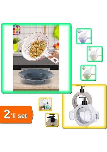 Çok Amaçlı Katlı Süzgeç + 350 ml Tezgah Üstü Oval Banyo Mutfak Sıvı Sabunluk - 2li Set E4Q4H9