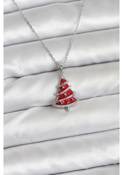 316L Çelik Zincir Gümüş Renk Kırmızı Çam Ağacı Model Yılbaşı Temalı Kadın Kolye - Lisinya