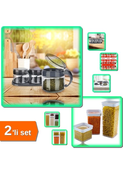 3 Adet Kaşıklı Cam Baharatlık + 1 Litre Vakumlu Kare Saklama Kabı - 2li Set V4W3M6