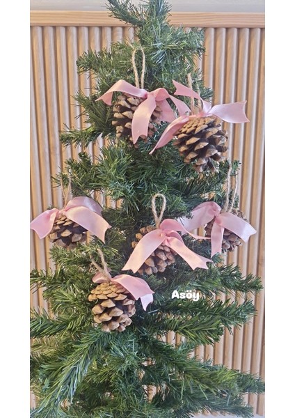 Yılbaşı Çam Ağacı Süsü Kozalak 6lı Pembe Kurdelalı Süslü Kozalak