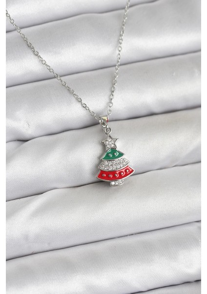 316L Çelik Zincir Gümüş Ren Çam Ağacı Model Zirkon Taşlı Yılbaşı Temalı Kadın Kolye - Lisinya