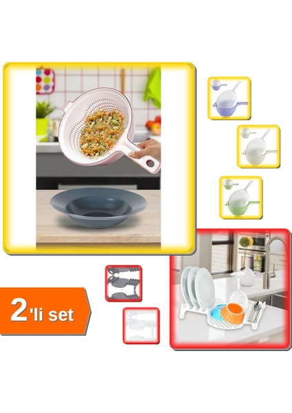 Çok Amaçlı Katlı Süzgeç + Ergonomik Multi Bulaşıklık Tabaklık Kurutmalık - 2li Set J2D0W0