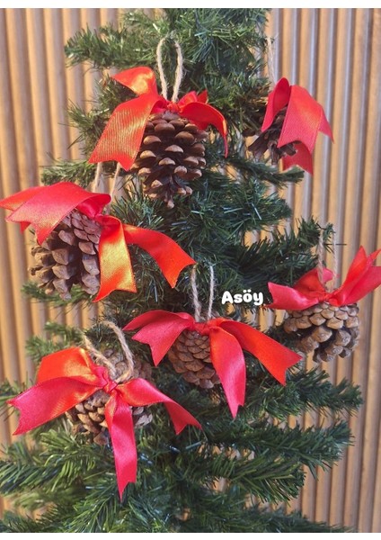 Yılbaşı Çam Ağacı Süsü Kozalak 6lı Kırmızı Kurdelalı Süslü Kozalak