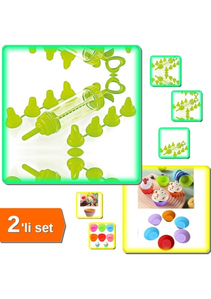 Krema Pompası 10 Parça + 6 Adet Ribanalı Yıkanabilir Tırtıklı Renkli Muffin Kalıbı - 2li Set W1X3T0