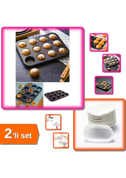 750 Adet Büyük Boy Ekler Kek Kapsülü + 12 Bölmeli Metal Yapışmaz Muffin Kek Kalıbı - 2li Set D5R6G1