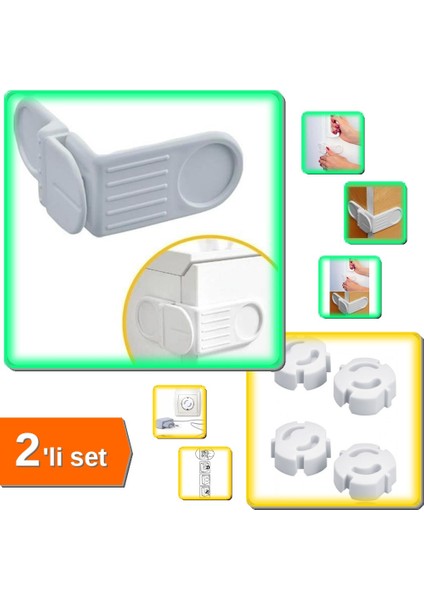2 Adet Yapışkanlı Vidasız Çekmece Köşe Kapak Kilidi + 4 Adet Çocuk Koruma Priz Kapağı - 2li Set N8D2U2