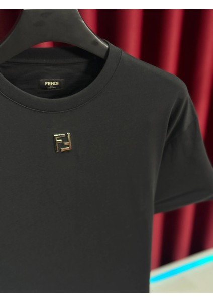 Si̇yah Erkek T-Shirt - Yeni Sezon Koleksiyonu Fendi Logo Baskılı modelleri