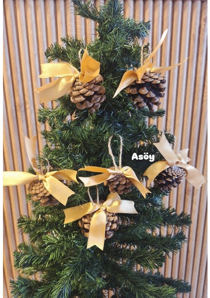 Yılbaşı Çam Ağacı Süsü Kozalak 6lı Gold Kurdelalı Süslü Kozalak