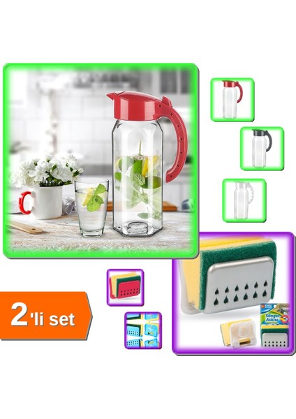 Cam Sürahi 1500 ml + Sünger Askısı Sponge Hanger - 2li Set B2S0R5