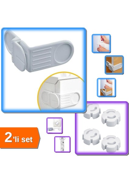 2 Adet Kendiliğinde Yapışkanlı Köşe Kapak Çekmece Kilidi + 4 Adet Priz Kapağı - 2li Set T0V0Q3