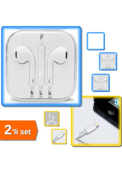 iPhone 6/6s/6 Plus Kulaklık + iPhone 8 ve 8 Plus Data Kablosu - 2li Set F3W6V4