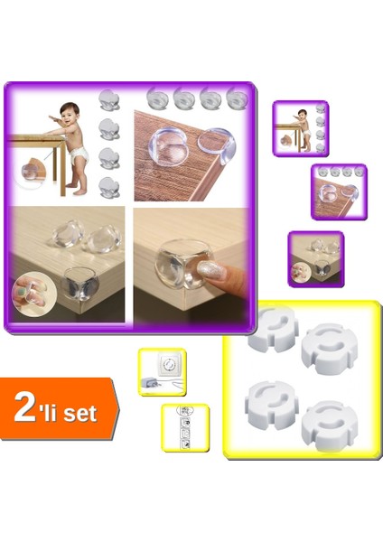 Yumuşak ve Esnek Dairesel Güvenlik Köşe Koruyucu 8 Adet + Priz Kapağı 4 Adet Seti - 2li Set Y2D3A2