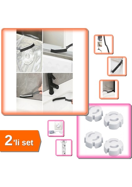 Ince Kıl Temizlik Fırçası Banyo Mutfak Detay Temizleme Fırçası + Priz Kapağı 4 Adet - 2li Set E3R2G8