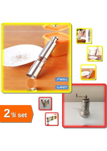 Bassmalı Baharat Değirmeni + Osmanlı Motifli Kahve Değirmeni Sarı - 2li Set G8J9G8