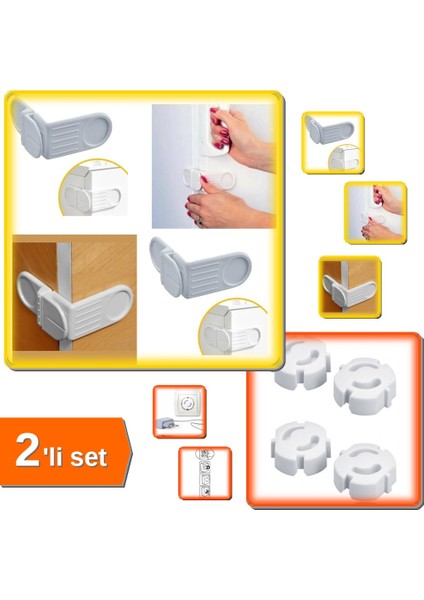 Bebek Çocuk Güvenlik Çekmece Kendiliğinde Yapışkanlı Köşe Kilidi + 4 Adet Priz Kapağı - 2li Set H0W4