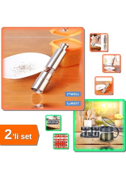 Paslanmaz Çelik, Bassmalı Baharat Değirmeni + 3 Adet Kaşıklı Cam Baharatlık - 2li Set Y5B5M7