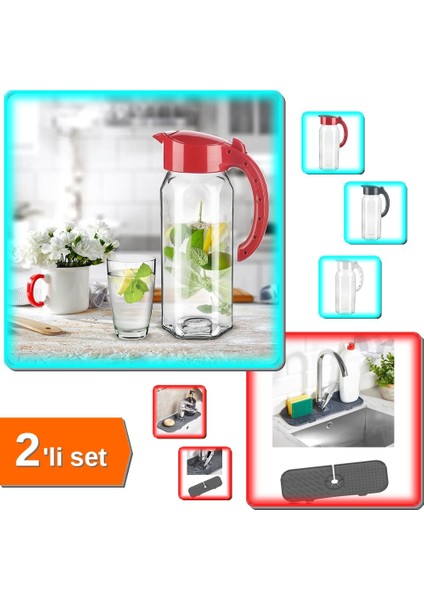 Cam Sürahi 1500 ml + Esnek Musluk Lavabo Pedi Mutfak Banyo Su Tutucu - 2li Set U2B4M2