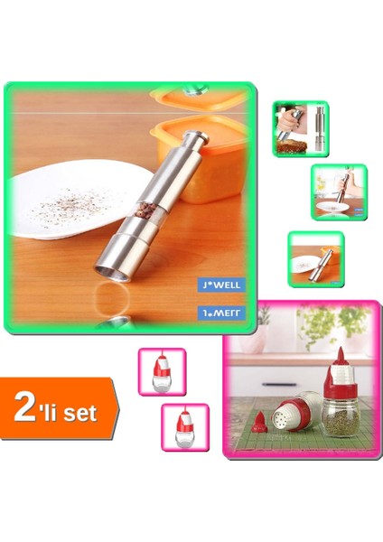 Paslanmaz Çelik Baharat Değirmeni + 2 Adet Mısır Figürlü Tuzluk Biberlik - 2li Set V8F1L3