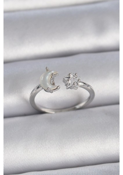 Bfs Pirinç Gümüş Renk Incili Hilal Zirkon Taşlı Yıldız Ayarlanabilir Kadın Yüzük