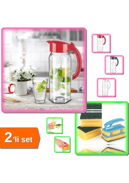 1500 ml Cam Sürahi + Süngermatik - 3 Adet Bulaşık Süngeri Hediyeli - 2li Set Z5X3H2