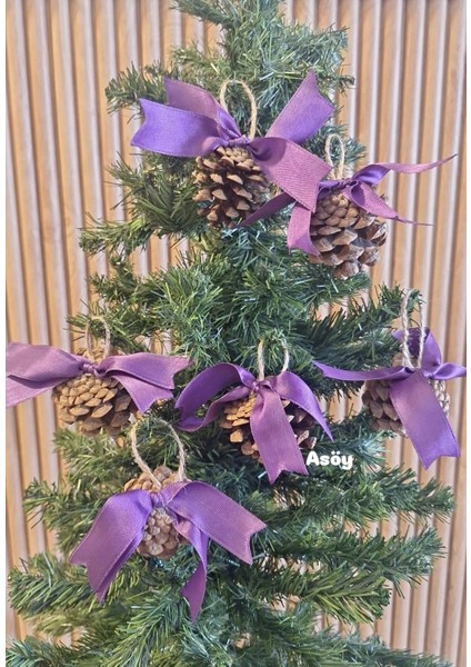 Yılbaşı Çam Ağacı Süsü Kozalak 6lı Mor Kurdelalı Süslü Kozalak