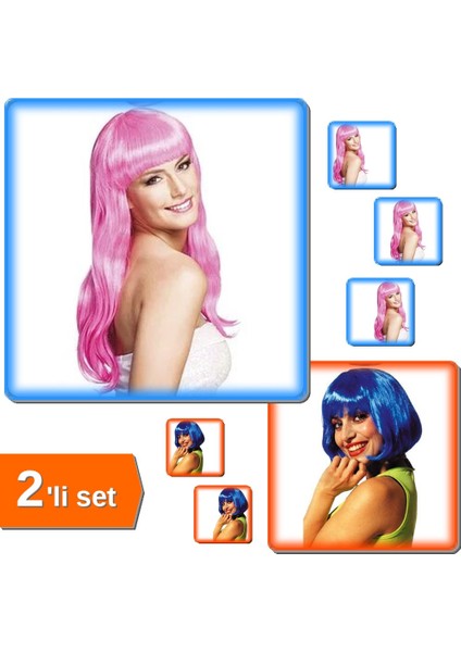 Uzun Peruk Saç Toz Pembe + Mavi Küt Peruk - 2li Set X8V5Z9