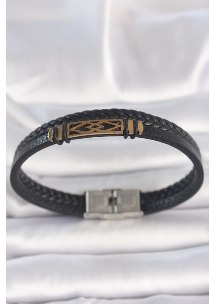 Bfs 316L Çelik Gold Renk Aksesuarlı Çift Sıra Siyah Burgu Desenli Deri Kordon Erkek Bileklik