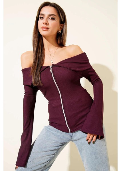 Omzu Açık Fermuarlı Bluz Mürdüm T4330