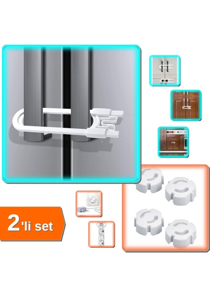 Bebek Çocuk Çekmece ve Dolap Raylı Koruma Kilidi + Çocuk Koruma Priz Kapağı 4 Adet - 2li Set W4D3R8