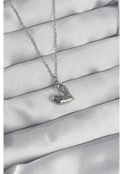 Bfs 316L Çelik Zincir Gümüş Renk Renkli Zirkon Taşlı Kalp Kolye