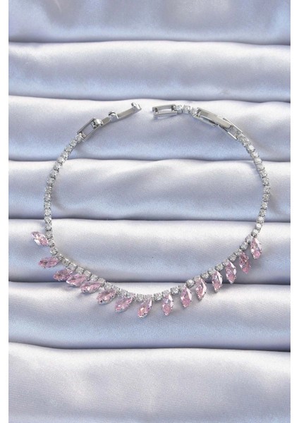 Bfs Pirinç Vip Seri Gümüş Renk Pembe Zirkon Taşlı Bileklik