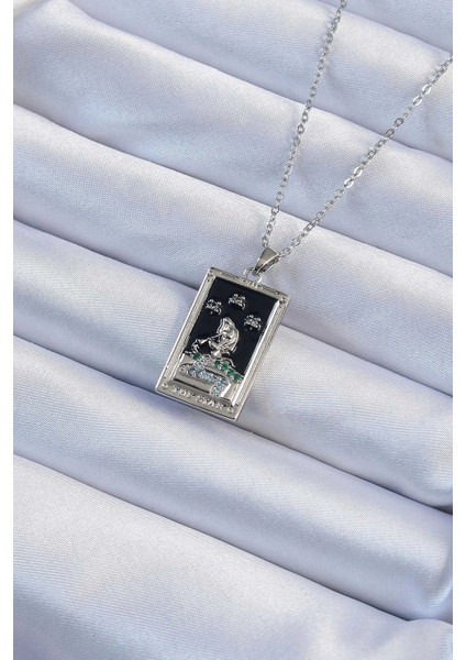 Bfs 316L Çelik Zincir Gümüş Renk Zirkon Taşlı Siyah Mineli Kız Figürlü Tarot Kolye