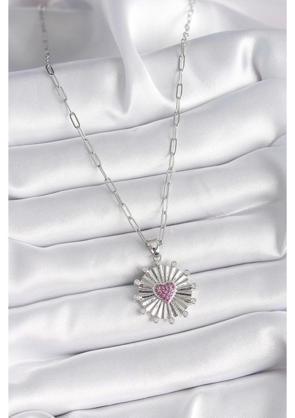 Bfs 316L Çelik Gümüş Renk Pembe Zirkon Taşlı Kalp Işleme Madalyon Model Kadın Kolye fiyatları