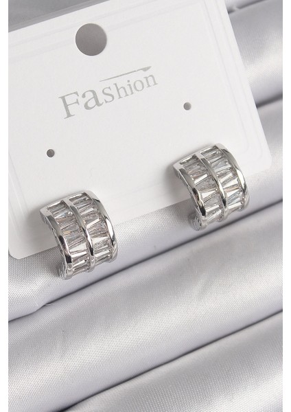 Bfs Pirinç Gümüş Renk Çift Sıra Zirkon Taşlı Kadın Küpe