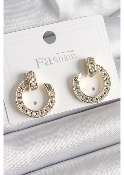 Bfs Pirinç Gold Renk Zirkon Taşlı Çivi Halka Model Kadın Küpe