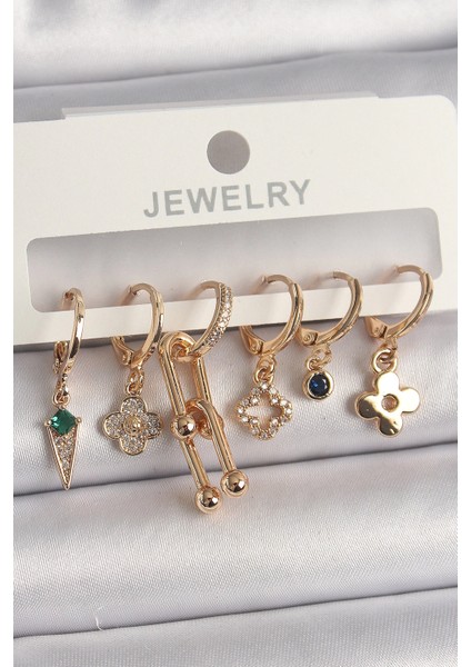 Bfs Pirinç Gold Renk Çoklu Figür Kadın Küpe Seti