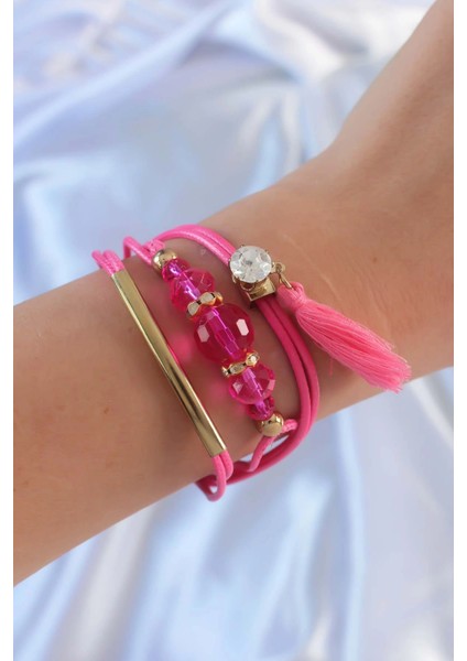 Bfs Pembe Zirkon Taşlı Ipli Püskül Detay Çoklu Bileklik