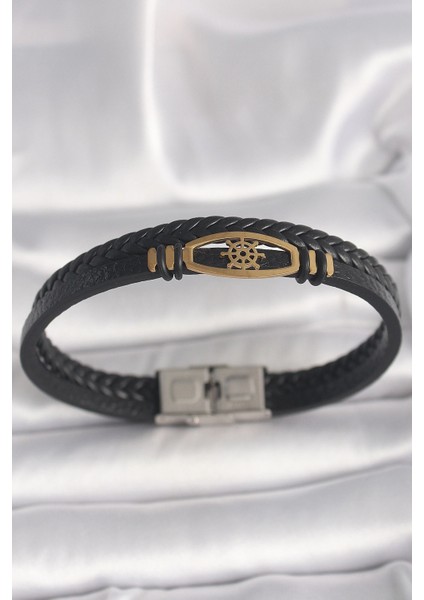 Bfs 316L Çelik Gold Renk Gemi Dümen Figür Siyah Renk Çift Sıra Burgu Desenli Deri Kordon Erkek Bileklik
