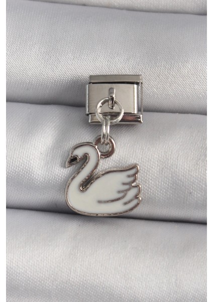 Bfs 316L Çelik Gümüş Renk Sallantı Beyaz Kuğu Model Nomination Charm