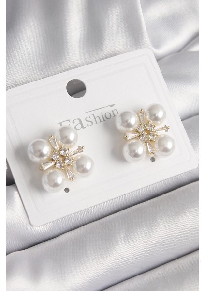 Bfs Pirinç Gold Renk Zirkon Taşlı Incili Kadın Küpe