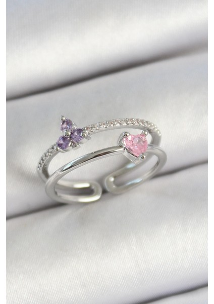 Bfs Pirinç Kalp ve Çiçek Figürlü Zirkon Taşlı Gümüş Renk Ayarlanabilir Kadın Yüzük