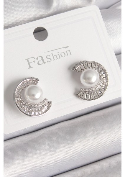 Bfs Pirinç Gümüş Renk Zirkon Taşlı Salyangoz Model Inci Detay Kadın Küpe