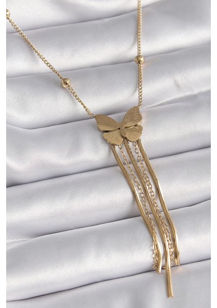 Bfs 316L Çelik Gold Renk Kelebek Figür Sallantı Italyan Zincirli Kadın Kolye