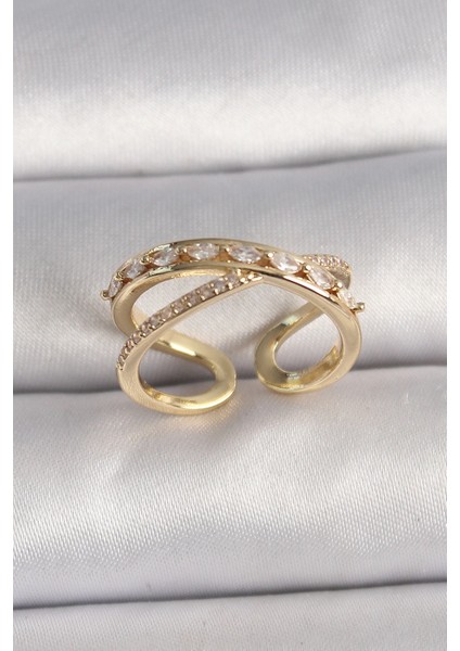 Bfs Pirinç Gold Renk Zirkon Taşlı Ayarlanabilir Kadın Yüzük