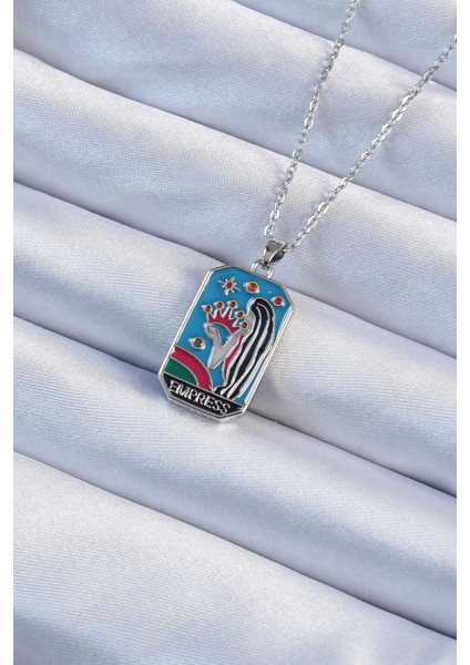 Bfs 316L Çelik Zincir Gümüş Renk Taç ve Kız Figürlü Renkli Mineli Tarot Kolye