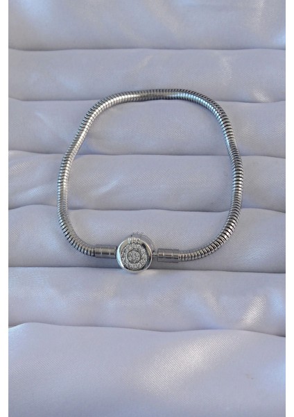 Bfs Pirinç Gümüş Renk Zirkon Taşlı Charm Bileklik