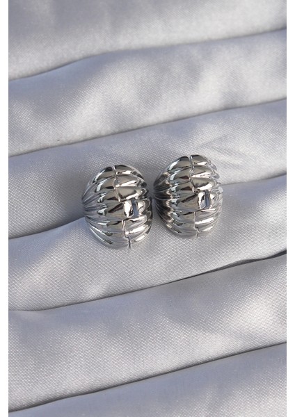 Bfs Pirinç Gümüş Renk Tırtıklı Minimal Bombeli Tasarım Küpe