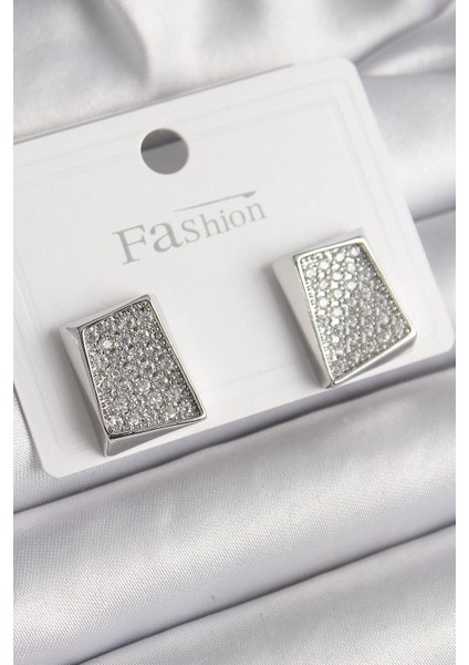 Bfs Pirinç Gümüş Renk Zirkon Taşlı Plaka Model Kadın Küpe