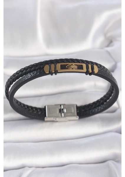 Bfs 316L Çelik Gold Renk Örümcek Figür Çift Sıra Burgu Desenli Deri Kordon Erkek Bileklik
